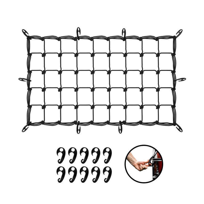 Mockins شبكة شحن ثقيلة الوزن مقاس 36"x20" من موكينز لشاحنة البيك أب، SUV، والسيارة | شبكة بونجي مرنة وسميكة إضافية مقاس 6 مم مع خطافات - تمتد حتى 75"x40" | شبكة شحن مربعة مقاس 4"x4" لأي حجم حمولة - Image 1